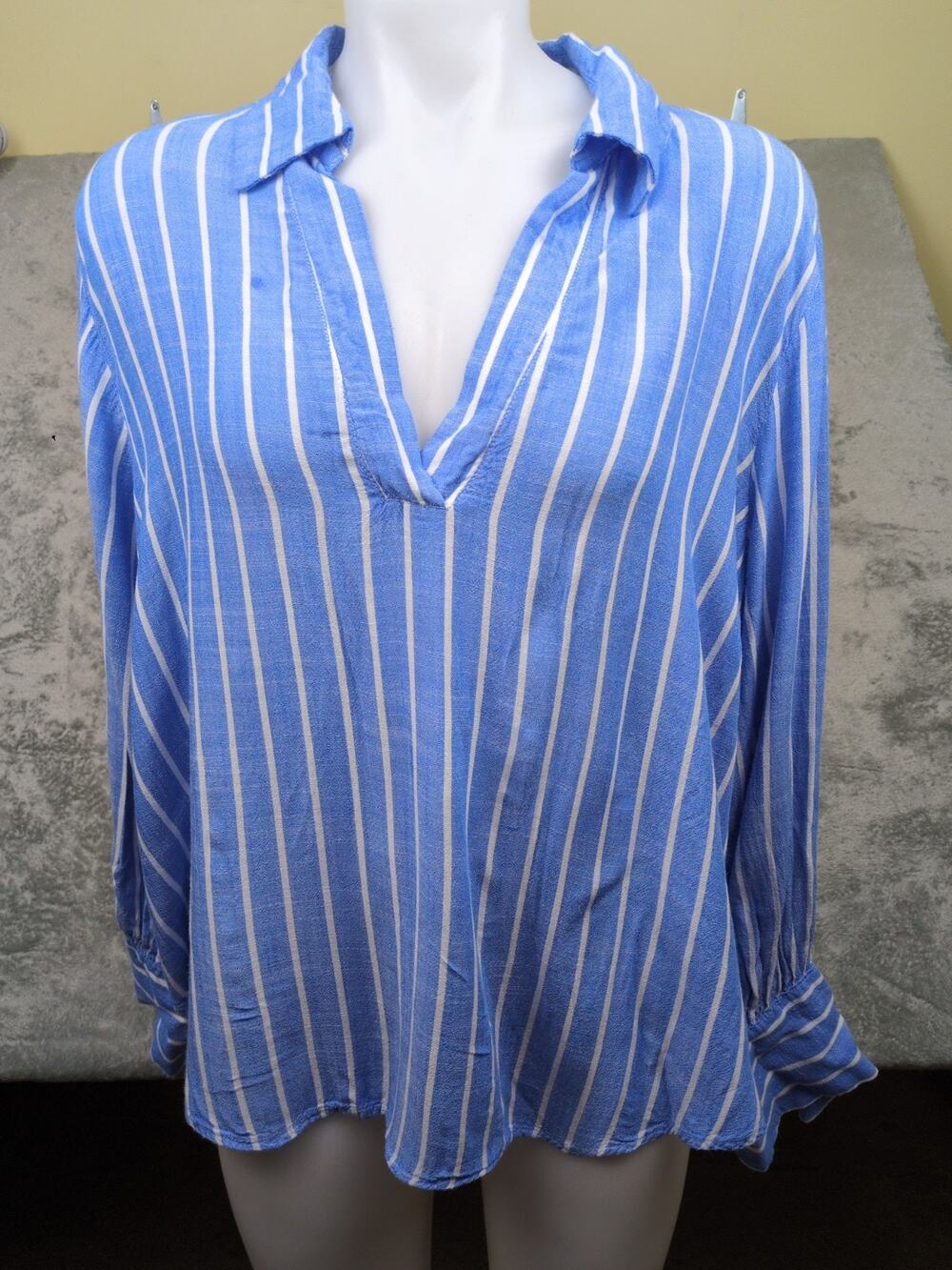 For the Republic Womens 1X Popover Stripe Blue/White Long Sleeve Wide Cuff Shirt